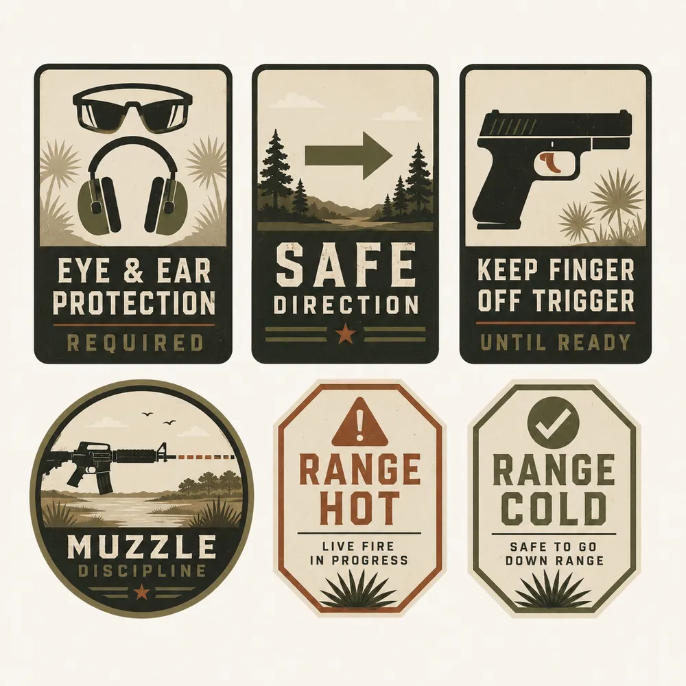 Range safety rules — eye & ear protection, safe direction, finger off trigger, muzzle discipline
